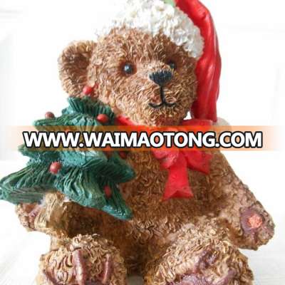 Christmas Sitting Teddy Bear Holding a Tree Resin Decoration Red Bow & Hat 5"