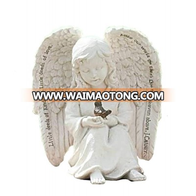 Little Cherub Angel and Robin 6 x 6 inch Resin Stone Garden Statue Figurine